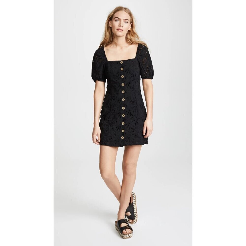 NWT Free People 'Daniella' Lace Mini Dress Front Buttons Black Women's Size 0